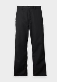Schwarze Hose aus robuster Baumwolle, mit Reißverschluss und Knopfverschluss, gerader Schnitt und seitlichen Taschen. Einfaches Design, keine Muster.
