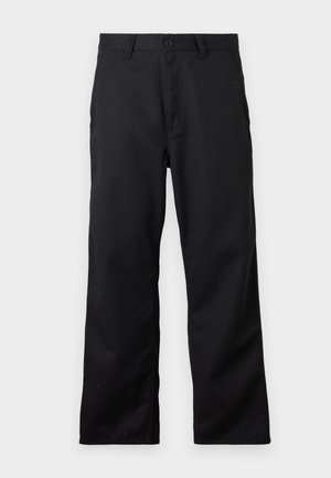 Pantalon noir en tissu résistant, doté d'une fermeture éclair et d'un bouton, avec une coupe droite et des poches latérales. Design simple, sans motifs.