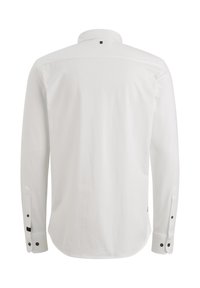 Weißes Langarmhemd mit klassischem Kragen, Knopfmanschetten und einem kleinen Logodetail am hinteren Ausschnitt. Glatte Baumwollqualität.