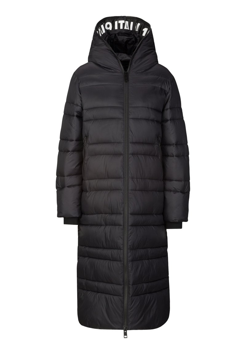 Schwarzer langer Daunenmantel mit Kapuze, Reißverschluss und zwei Seiten Taschen. Ausgestattet mit einem gesteppten Design und einem kontrastierenden Logo auf dem Innenfutter der Kapuze.