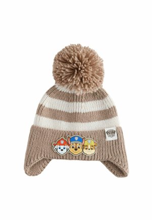 Tan and white striped knitted hat with a fluffy pom-pom and three character patches at the front. Soft texture, ear flaps included.