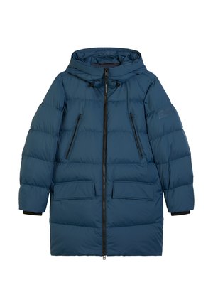 Parka imbottita blu con cappuccio, chiusura con zip, due tasche superiori con zip e due tasche frontali con patta. Presenta polsini elastici e una superficie liscia.