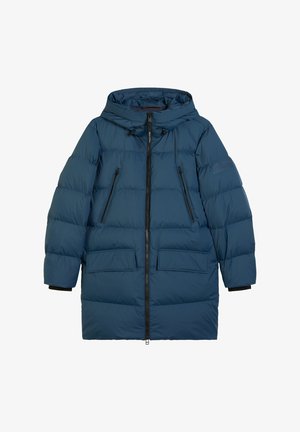 Blauer gesteppten Parka mit Kapuze, Reißverschluss, zwei oberen Reißverschlusstaschen und zwei vorderen Klappentaschen. Mit elastischen Bündchen und glatter Textur.