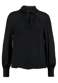 Blusa nera a maniche lunghe con scollo a fiocco, tre bottoni decorativi sulla spalla e polsini arricciati. Tessuto dalla texture liscia.