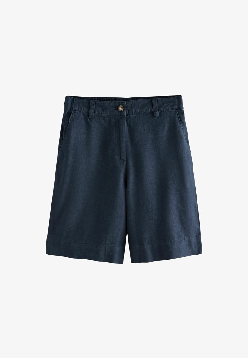 Shorts en lin bleu marine avec fermeture à boutons sur le devant, deux poches latérales et coupe droite. Caractérisés par une texture légère et un ourlet soigné.