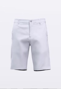 Baltos šortai iš lygaus, lengvo audinio; turi sagos užsegimą ir kontrastingą juodą apdailą apačioje. Įprastas modelis.