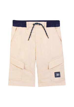 Beige Cargo-Shorts mit navyfarbenem elastischem Bund, Kordelzug, Seitentaschen, Klappentaschen und einem schwarzen Aufnäher mit weißem Double-B-Logo am linken Bein.