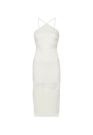 Abito midi bianco con spalline sottili, corpetto testurizzato e dettagli intrecciati in vita e orlo, caratterizzato da una silhouette slim e aderente.