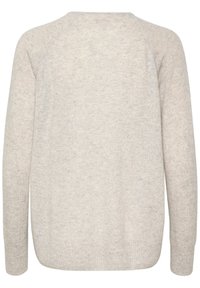 Pull en laine tricotée gris clair à manches longues, avec poignets et ourlet côtelés, vu de dos.