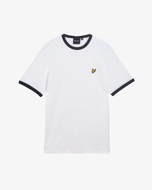 Weißes Baumwoll-T-Shirt mit marineblau geripptem Kragen und Ärmelsäumen. Auf der Brust befindet sich ein kleines, gelb gesticktes Logo.