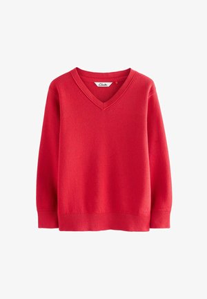 Maglione in cotone rosso con scollo a V, maniche lunghe e fondo a coste. Texture liscia, con un piccolo logo sul lato inferiore.