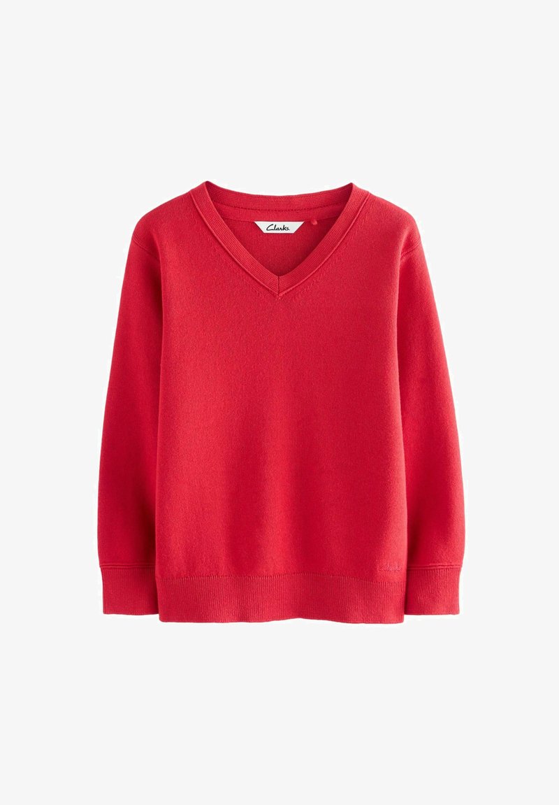 Roter Baumwollpullover mit V-Ausschnitt, langen Ärmeln und geripptem Saum. Glatte Textur mit kleinem Logo auf der Unterseite.