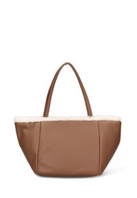 Sac fourre-tout en cuir marron avec une finition texturée, doté d'une bordure en fausse fourrure crème douce et de deux poignées solides pour le transport.