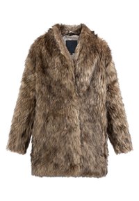 Abrigo de piel sintética en tonos marrones, con un corte amplio, solapas anchas, mangas largas y una superficie texturizada y esponjosa. Sin cierres visibles.