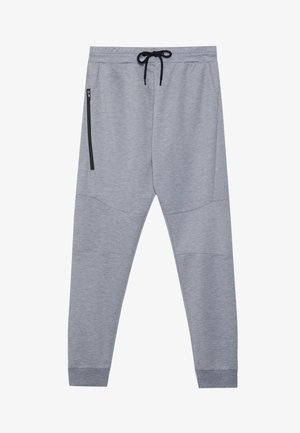 Gray sweatpants made of soft fabric with a drawstring waist, tapered legs, and a side zip pocket for secure storage.