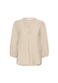 Blouse beige clair avec un col en V, des manches bouffantes 3/4 et des poignets froncés. Fabriquée en tissu texturé, elle présente une coupe légèrement ample.