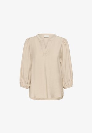 Helle beige Bluse mit V-Ausschnitt, 3/4 Puffärmeln und gerafften Bündchen. Hergestellt aus strukturiertem Stoff, hat eine leicht lockere Passform.