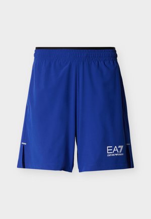 Modre športne kratke hlače z elastičnim pasom, stranskimi razporki in belim napisom "EA7 Emporio Armani" na sprednji strani. Lahka tkanina, gladka tekstura.