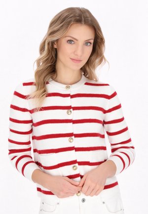 Red and white striped cardigan in soft knit, featuring round neckline and gold-tone buttons. Long sleeves and fitted design.