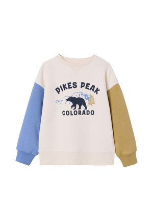 Sweatshirt mit cremefarbenem Körper, blauem linkem Ärmel und senffarbenem rechten Ärmel, mit Bär, Berg und Bäumen sowie dem Text "Pikes Peak Colorado".