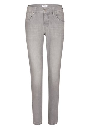 Gray denim jeans with a slim fit, five-pocket design, and button closure. Features a smooth texture and subtle stitching details.