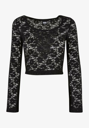 Zwarte kanten cropped top met lange mouwen, een gedetailleerd bloemmotief over de hele stof, een ronde halslijn en een licht getailleerd silhouet.