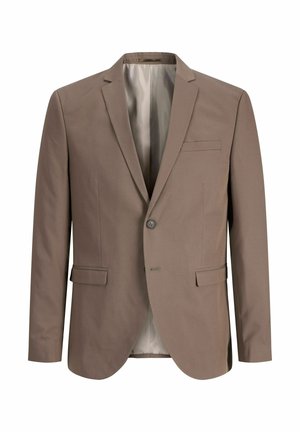 Vīriešu vienrindas žakete taupe krāsā ar izgriezuma atlokiem, divām priekšējām kabatām ar vāciņiem, vienu krūšu kabatu un pelēku oderi.