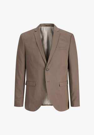 Vīriešu vienrindas žakete taupe krāsā ar izgriezuma atlokiem, divām priekšējām kabatām ar vāciņiem, vienu krūšu kabatu un pelēku oderi.