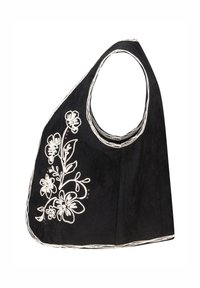 Zwarte suède tas met florale witte borduursels, met een gebogen bovenkant en een brede opening, geaccentueerd met een textuur randeind.