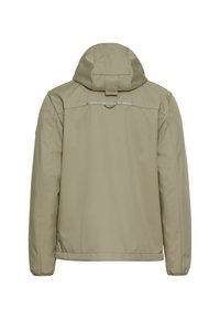 Kaki jas met capuchon, gestructureerde stof en een reflecterende accent langs de achterkant. Eenvoudig ontwerp met elastsiche manchetten.