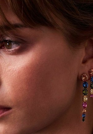 Farverige dråbeøreringe med mange ædelsten i forskellige former - runde, ovale og rektangulære - sat i et hængende design med en metallisk accent.