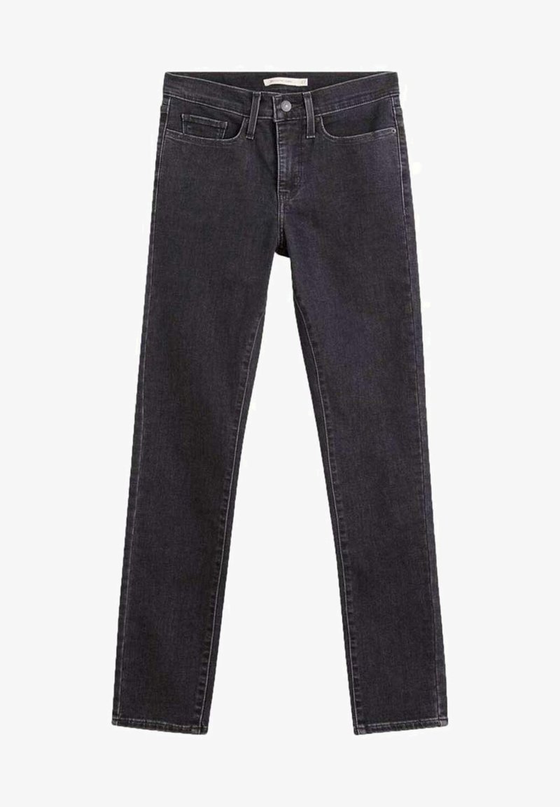 Jean skinny noir en denim avec fermeture avant par bouton et zip, doté de cinq poches et passants de ceinture.