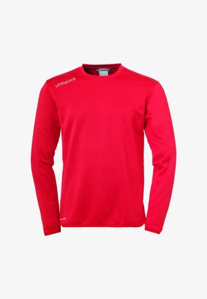 Rode longsleeve sportshirt van gladde stof met ronde hals, voorzien van een logo op de schouder en een slim fit ontwerp.