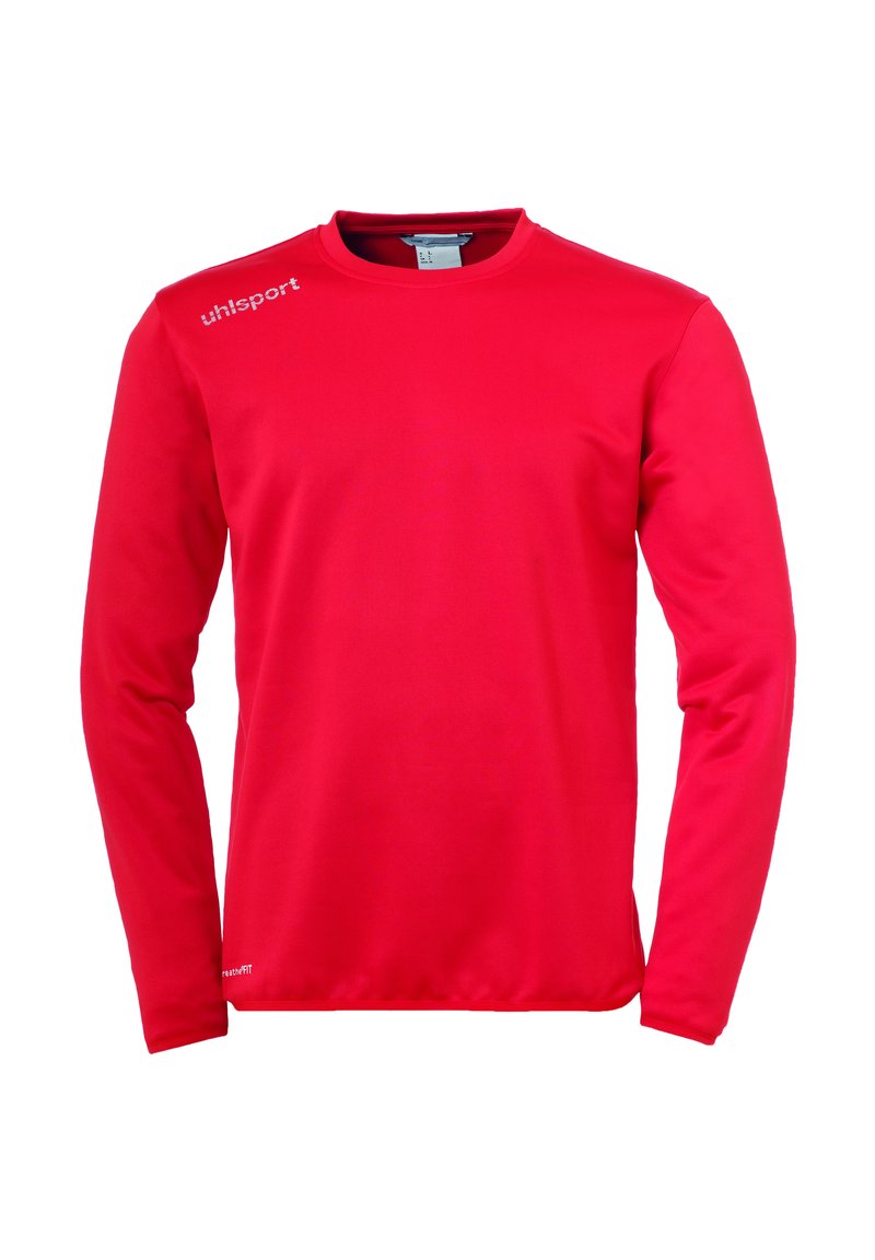 Rotes Langarm-Sportshirt aus glattem Stoff mit Rundhalsausschnitt, versehen mit einem Logo auf der Schulter und im Slim-Fit-Design.