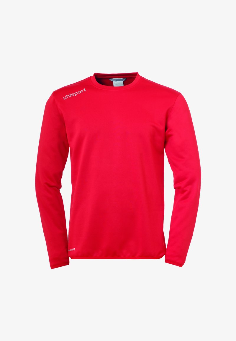 Rotes Langarm-Sportshirt aus glattem Stoff mit Rundhalsausschnitt, versehen mit einem Logo auf der Schulter und im Slim-Fit-Design.