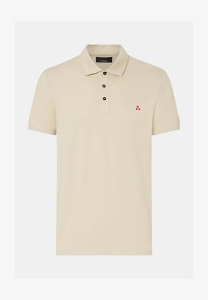 Polo beige a maniche corte con pattina a tre bottoni e piccolo logo rosso con tre puntini sul petto a sinistra.