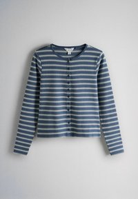Long-sleeve blue cardigan with white horizontal stripes and front buttons, displayed flat against a light gray background.
