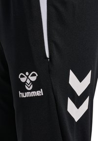 Sorte træningsbukser med hvide side-striber, prydet med et logo og et chevronmønster. Fremstillet af et glat, let materiale.