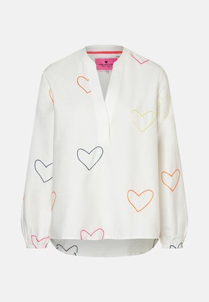 Weiße langärmlige Bluse mit mehrfarbigen, gestickten Herzumrissen und V-Ausschnitt, mit elastischen Bündchen und einem leicht geschwungenen Saum.