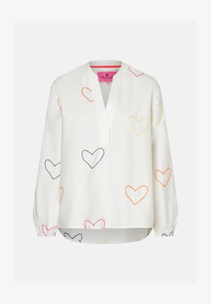 Weiße langärmlige Bluse mit mehrfarbigen, gestickten Herzumrissen und V-Ausschnitt, mit elastischen Bündchen und einem leicht geschwungenen Saum.