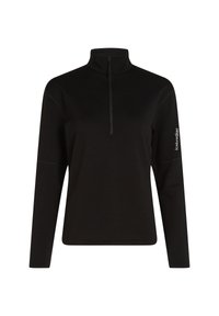 Sort langærmet pullover med høj krave, frontlynlås halvvejs ned og "icebreaker"-logo på venstre ærme.