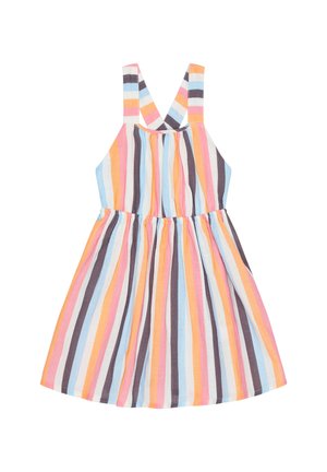 Ärmelloses Kinderkleid mit gekreuzten Trägern und vertikalen Streifen in Pink, Orange, Blau, Schwarz und Weiß auf gerafftem Rock und Oberteil.