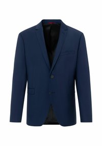 Marineblauer Blazer aus strukturiertem Stoff, mit einreihiger Knopfverschluss, Reverskragen, einer Brusttasche, zwei Seitentaschen und schwarer Innenauskleidung.