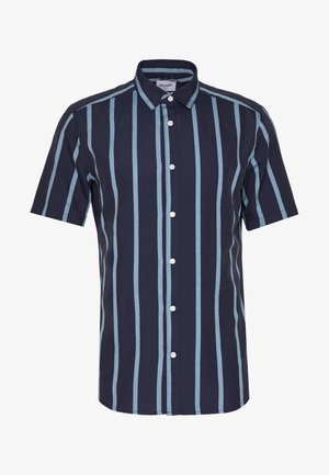 Navy short-sleeve shirt with vertical light blue stripes. Features a button-up front, collar, and fabric texture appears smooth and breathable.