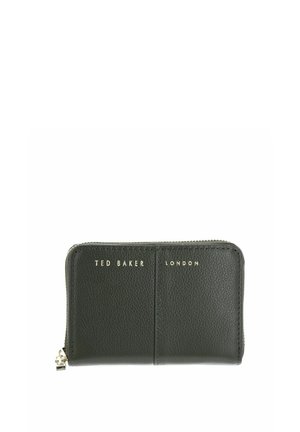 Portefeuille zippé noir texturé avec lettrage doré « "Ted Baker London" » sur le devant, posé sur un fond blanc.