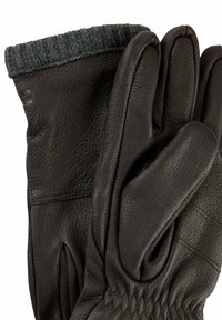 Brune læderhandsker med en struktureret finish, der har en ribbet grå strikket manchet og gathered søm for bedre greb og pasform.
