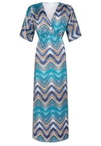 Maxikleid mit V-Ausschnitt, kurzen Ärmeln und elastischem Bund. Hat ein Zickzackmuster in Türkis, Blau, Braun und Weiß. Glatte Stoffqualität.