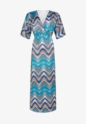 Maxi sukienka z dekoltem w kształcie V, krótkimi rękawami i elastyczną talią. Posiada wzór w zygzaki w kolorach turkusowym, niebieskim, brązowym i białym. Gładki materiał.