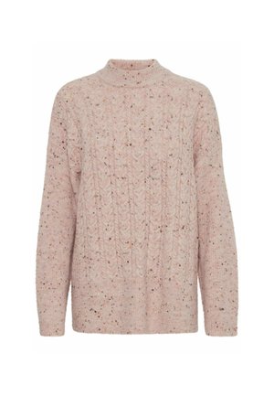 Lichtroze gebreide trui met een hoge halslijn, voorzien van een textuur kabelpatroon en gesprinkelde details in donkerdere tinten.