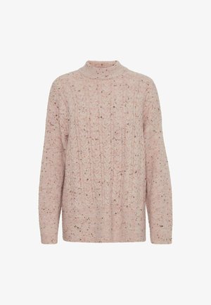 Pull en tricot rose clair avec un col haut, présentant un motif de câble texturé et des détails mouchetés dans des teintes plus foncées.